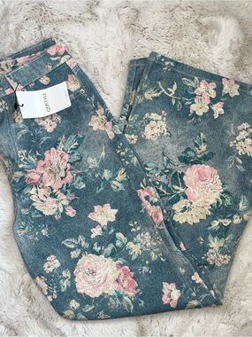 Floral Print Denim Jeans with Pink Roses